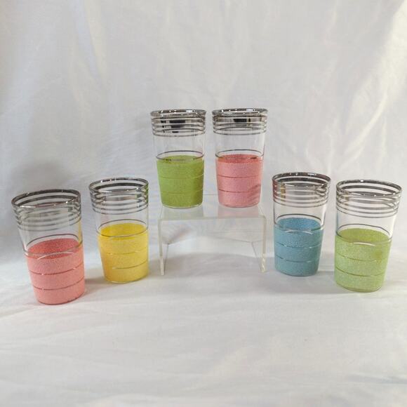 Set of 6 Vintage Pastel Sugar Frosted Juice Glasses Platinum Trim - Picture 1 of 6